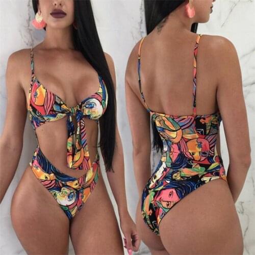 One Piece Swimsuit Women Swimwear Bodysuit Beach Swim Wear Print Bandage Cut Out Monokini Swimming Bathing Suit