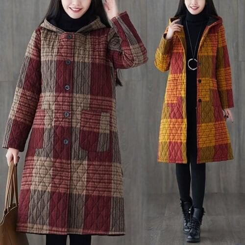 Womens 2020 Winter New Cotton Coat Female Pocket Buttons Slim Retro Cotton Linen Long Warm Ladies Padded Coat Thickened Q292