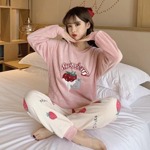 2021 Winter Warm Flannel Pyjamas Women Sleepwear Thick Coral Velvet Pajamas Set Long Sleeve Home Suit Female Cartoon Nightwear