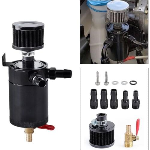 Car Aluminum Reservoir Oil Catch Can Tank 2-Port Baffled Reservoir with Drain Valve Breather Cylinder Filter Kit