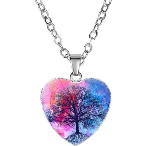 19 Styles Art Family Tree of Life Pattern Heart Pendant Glass Cabochon Necklace Silver Color Chain Pendant Necklace Girl Gift