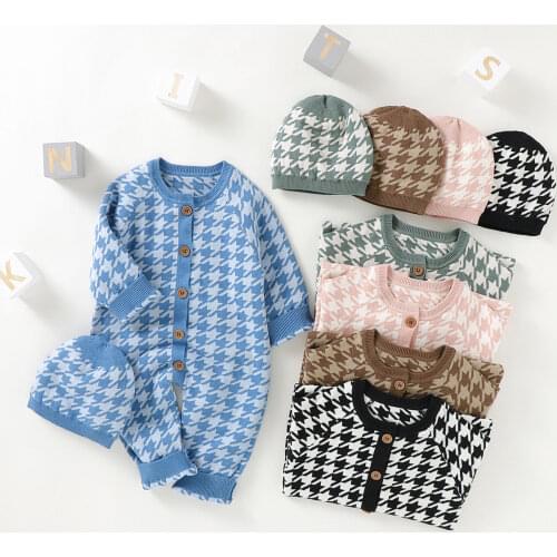 0-18M Newborn Baby Houndstooth Rompers with Hat Button-down Long Sleeve Round Neck Romper + Beabie Hat 2Pcs Autumn Outfits