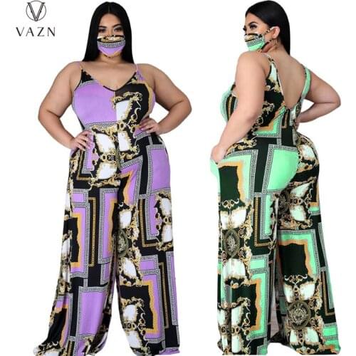 VAZN 2021 Ins Plus Size Joker Chiffon Overalls Sexy Vintage Mature Free Style Tank Sleeve Women Slim Wide Leg Jumpsuits