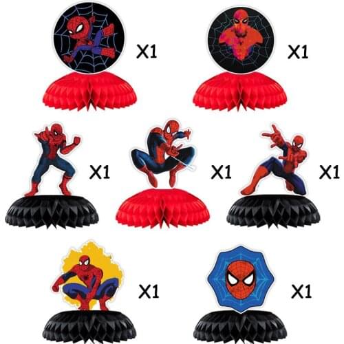 7pcs/set Spiderman Theme Desktop Ornaments Honeycomb Ball Party Model Supplies Kids Boys Birthday Party Cake Decorations Toy Set