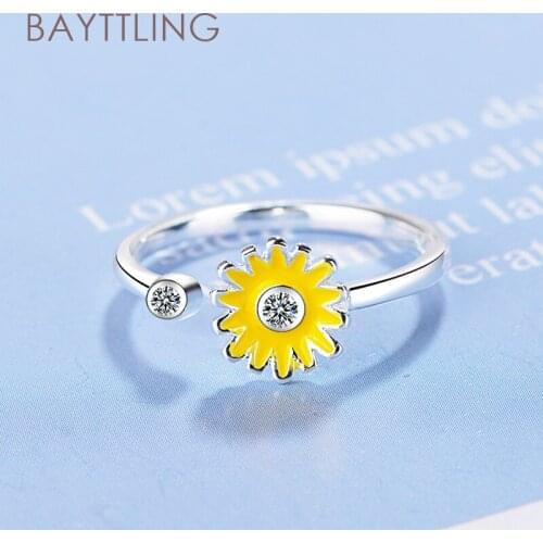 BAYTTLING 925 Sterling Silver Yellow/Pink Shiny Zircon Chrysanthemum Open Ring For Woman Couple Jewelry Gift
