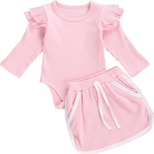 Baby’s Autumn Suit, O-Neck Ruffle Long-Sleeves Rompers Top + Elastic Waist Mini Skirt with Pockets for Toddler Girl, 0-2 Years