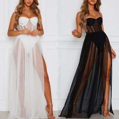 Women Shoulder Chest Harness Dress High Split Mesh Sheer Maxi Dress Party Long Dresses