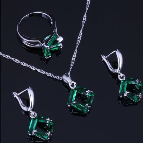 Glamorous Quadrilateral Green Cubic Zirconia Silver Plated Jewelry Sets Earrings Pendant Chain Ring V0972