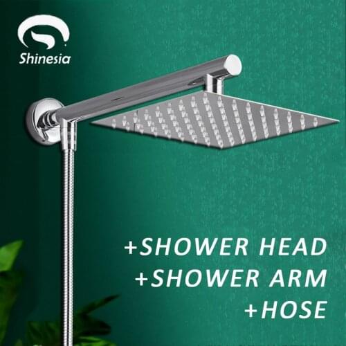 Shinesia Chrome Ultrathin Square 8"10"12" Shower Head + Shower Arm + 150cm Srainless Steel Shower Hose Wall Mounted for Bathroom