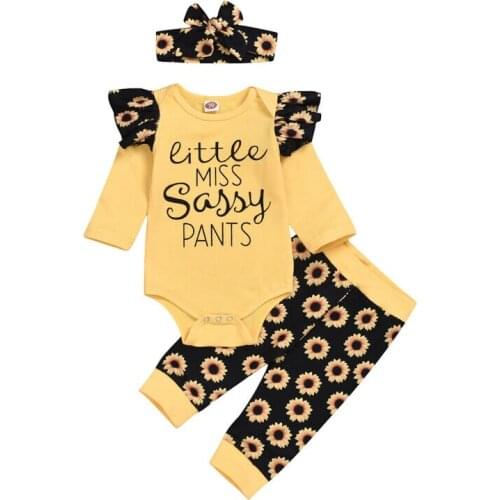 Focusnorm 3PCS Newborn Baby Girls Flower Clothes Set Yellow Romper Jumpsuit Leggings Pants 2PCS Outfits UK