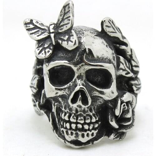 Cool Butterfly Ghost Skull Mens Ring 316L Stainless Mens Punk Skull Ghost Rider Ring