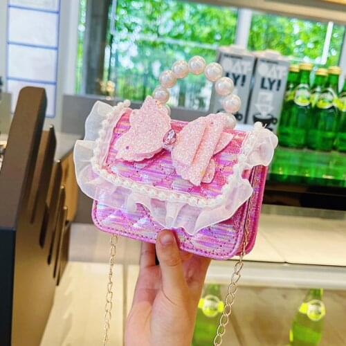 Cute Princess Mini Handbags Sequins Bowknot Sweet Girls Small Shoulder Messenger Bags Baby Kids Pearl Chain Coin Purse Wallet
