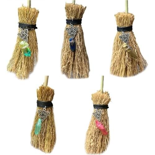 Mini Broom Straw Witch Brooms with Hanging Crystal Pendant Decorations for Halloween Wicca Altar Broom