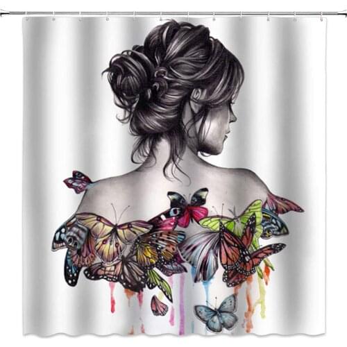 Fashion Girl Shower Curtain Woman Watercolor Butterflies Bathroom Polyester with Hooks