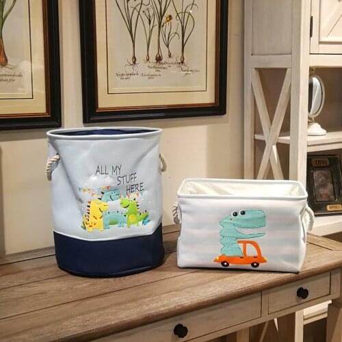 Cartoon dinosaur childrens toy canvas embroidery storage basket bucket basket dirty clothes bucket foldable laundry basket
