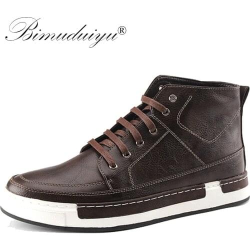 BIMUDUIYU Autumn New high-top Mens Ankle Boots Fashion Tie Casual Non-slip Waterproof Snow Boots Microfiber Leather Retro shoes