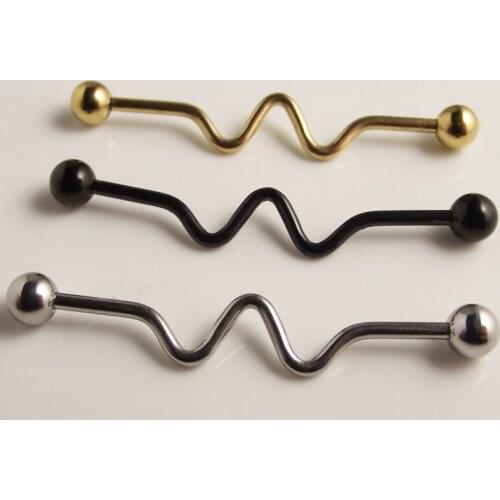 SaYao 2piece Gold Surgical Stainless Steel 1.6*38*5/5mm W words ECG Heartbeat Long Industrial Barbells Ear Body Piercing Jewelry