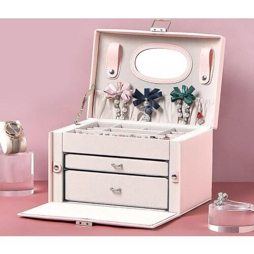 Women Jewelry Box Senior PU Leather 3 Layer Jewelry Storage Box with Lock Portable Travel Jewelry case for Earring Bracelet Ring