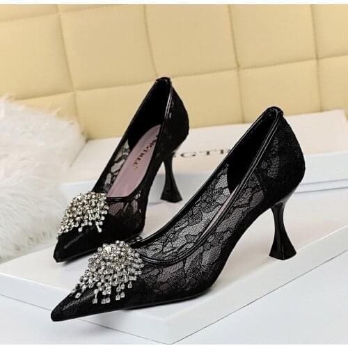 BIGTREE Heels Pumps Wine Glass And Shallow Pointed Reticulated Lace Drill Flower Women Heels Banquet Fashion Sexy Womens Shoes
