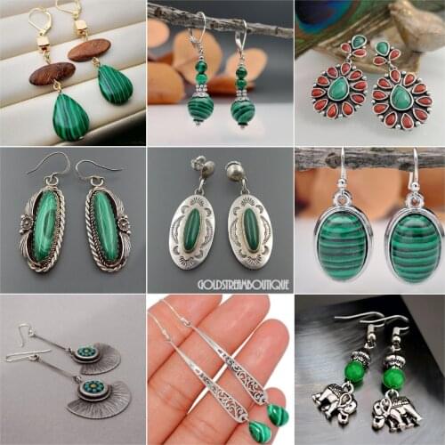 Classic Green Stone Earring Vintage Bohemia Carving Wind Chimes Shape Dangle Earring Retro Ethnic Long Earrings For Women Z3C046