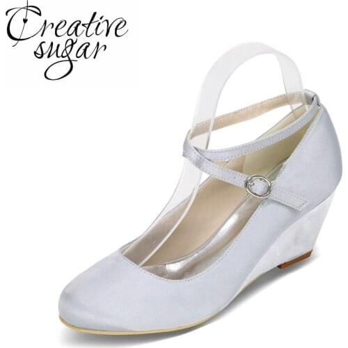Creativesugar Elegant ladys wedges crossed strap satin dress shoes concise cocktail wedding party champagne ivory purple white