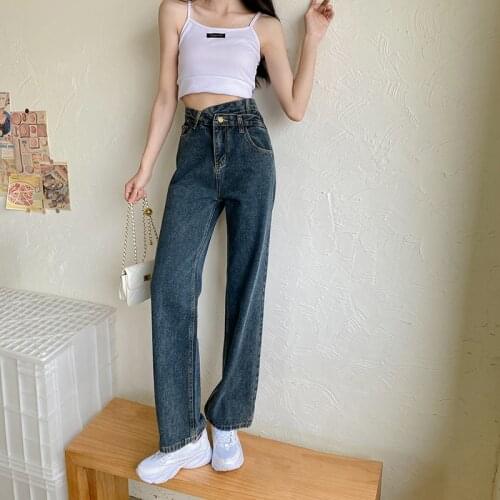 Shnsophi jean Summer Women Vintage Washed Straight Long Denim Pants Asymmetrical Waist Retro Wide Leg Jeans Chic Ladies Trousers