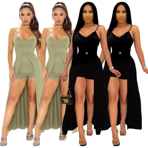 2021 Womens Nightclub Two Piece Set Sexy Solid Color Suspender Split Sleeveless Top +shorts Suit Party Clubwear Women Clothing