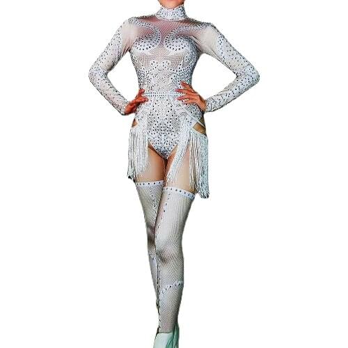 Glitter Diamond White Tassel Women Bodysuit Long Sleeve Skinny Jumpsuit Nightclub Pole Dance Costume Singer Show Stage Wear