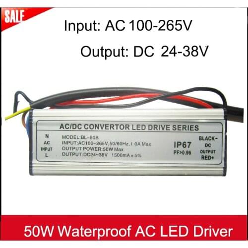 1pcs High Power 50W Waterproof Input AC 100-265V Output DC 24-38V 1500mA LED Drivers Power Supply For LED Lights Beads Lamp