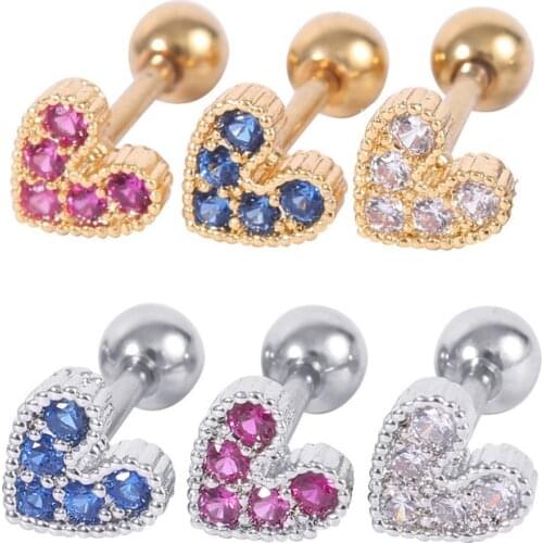 1 piece Women stainless steel Ear Studs Cute heart shape inlaid crystal Piercing Tragus Earrings Cartilage Helix Ear Bone Nail