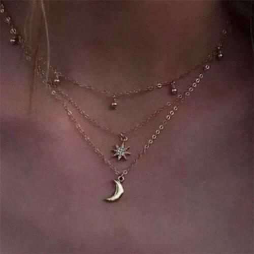 12Pcs/lot Multi-layer Chain Necklace for Women Crescent And Star Pendant Necklace Female