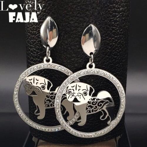 2021 Pug Crystal Stainless Steel Earrings Stud Women Silver Color Big Earrings Jewelry joyeria acero inoxidable mujer E133S03