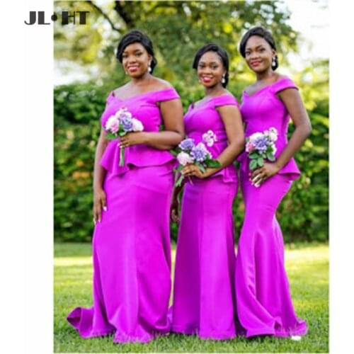 2021 Off Shoulder Black Women Wedding Party Gown Ruffles Elastic Satin African Bridesmaid Dresses Long Bridesmaid Gowns