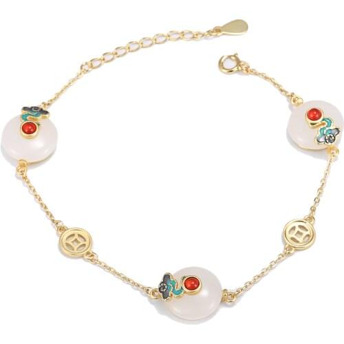 SA SILVERAGE S925 Sterling Silver Coin Bracelet Womens National Palace Classic Elegant Peace Clasp Hetian Jade Hand Ornament