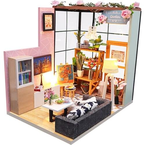 DIY Wooden Casa Dollhouse Kit Assembled Miniature Furniture Roombox Light Doll House with Flower Painting Toys for Adult Gifts