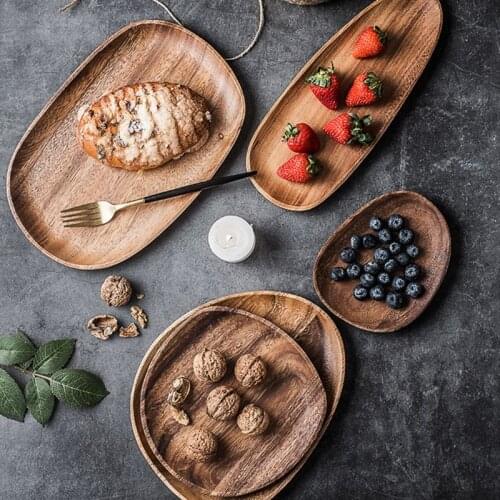 Wood Serving Tray Irregular Oval Solid Acacia Plate Fruit Cake Dessert Dishes Wooden Tea Tray Dinner Breakfast Tableware Set
