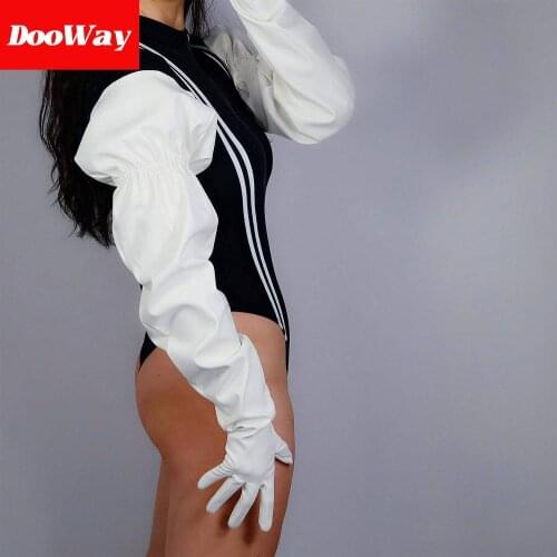 DooWay Women Extra Long Faux Leather Gloves Stretchy Cuff Plus Wide Large Gathered Sleeve 34 inches White