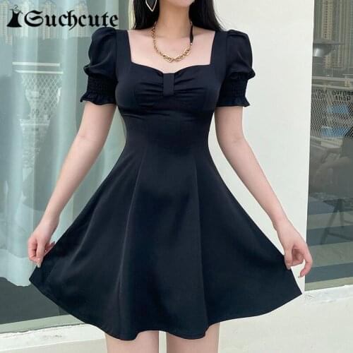 SUCHCUTE Elegent Square Neck Dress 2021 Summer Black Casual Basic A-Line Dress Gothic Puff Sleeve Mini Dress For Women Harajuku