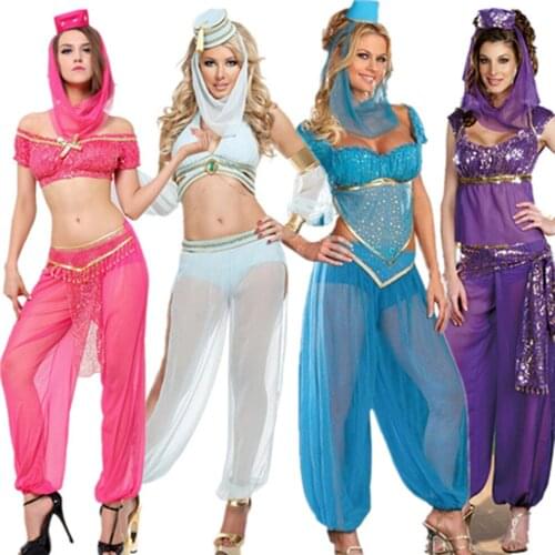 S-XXL Adult Arabic Dance Costume Sets Sexy Goddess GENIE Jasmine Aladdin Princess Outfits Arabian Belly Dancer Dress