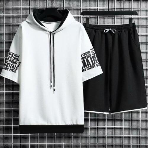 Summer Mens Sets Japan Fashion Jogger Hooded Short Sleeve Tops+Sport Shorts Suit Men Casual Men Clothing Tracksuit 2 Piece Sets