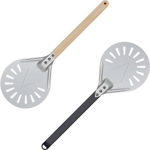 Non Slip wooden Handle 7 8 9 inch Perforated Pizza Shovel Aluminum Pizza Turning small Pizza Peel Paddle Short round Pizza Tool