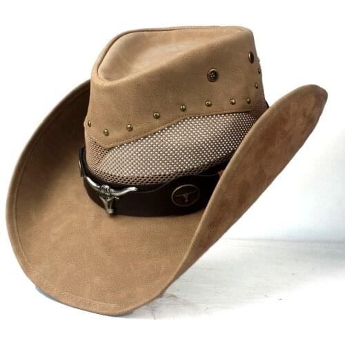 100% Leather Men Women Mesh Western Cowboy Hat Wide Brim Hat Outdoor Sombrero Hombre Cowgirl Hat Newsboy Cap