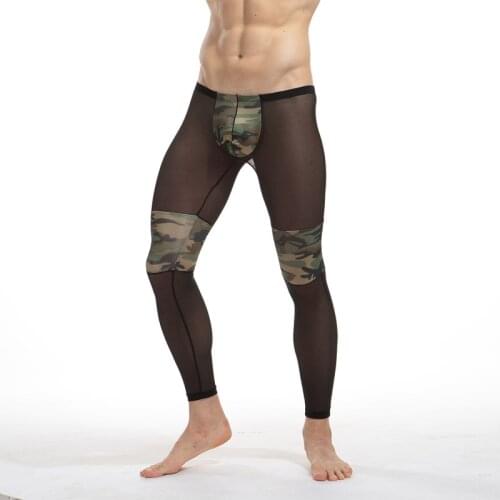 Mens Long Johns Sexy Mesh Transparent Camouflage Pouch Sheer Leggings Sleep Bottoms Underwear Yoga Pajamas Pants Lounge Tights
