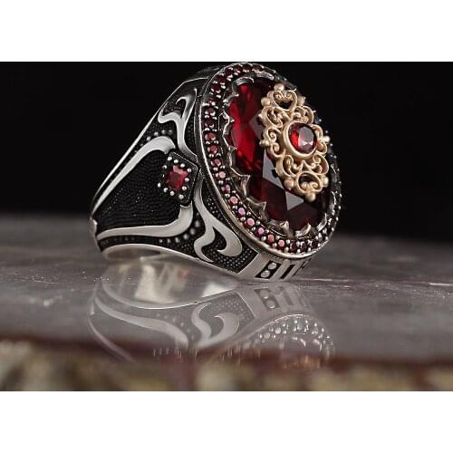Red Zircon 925 Sterling Mens Silver Ring