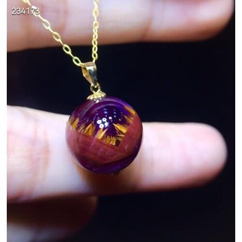 13.1mm Genuine Natural Cacoxenite Auralite 23 Pendant Purple Red Women Men Sphere 925 Sterling Silver Crystal Jewelry AAAAA