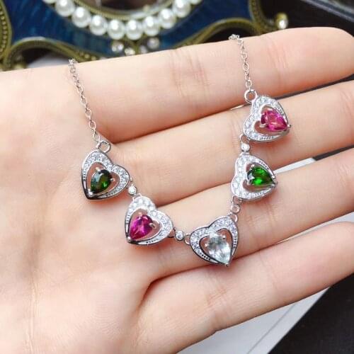 Natural topaz tourmaline Necklace natural diopside Aquamarine Pendant Necklace S925 silver romantic Peach heart women Jewelry