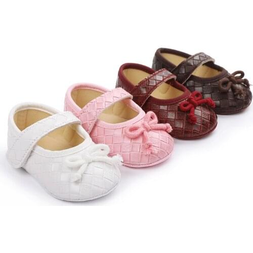 0-1 Year Old Baby Girls Pink PU Leather Baby Walking Shoes Bow Knot White Plaid Soft Bottom Princess Shoe