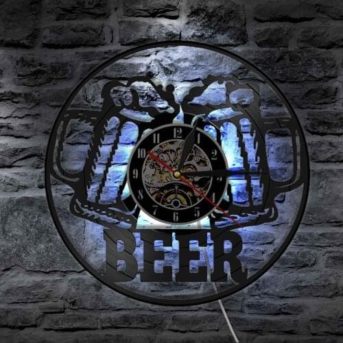 Beer Bar Wall Art Clock Drinking Hour Pub Vinyl Record Wall Clock Modern Design With Led Night Light Beer Bar Club Home Decor