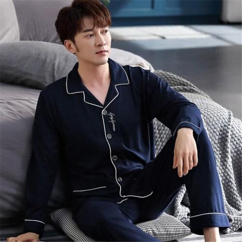 Pajamas mens simple spring and autumn new sleepwear cardigan lapel Korean fashion home service two-piece suit pyjamas men