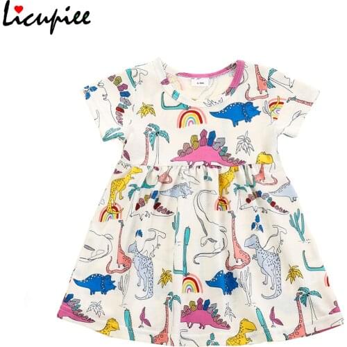 1-3 Years Kids Baby Girls Short Sleeve Cartoon Dinosaur Print Dress Fashion Dress for Children Girls